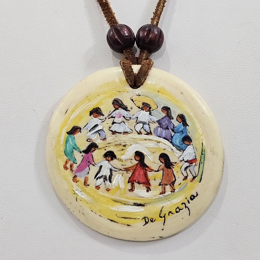 Vintage Signed DeGrazia Resin Pendant Necklace Leather Cord Folk Art
